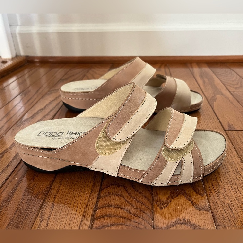 Italian Leather Tan and Cream Sandals with Adjustable Velcro Straps